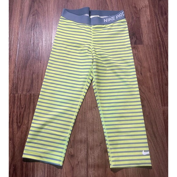 Nike Pro Leggings Yellow Stripe Compression Cropped Gym Training Women Sz M READ - Picture 1 of 10